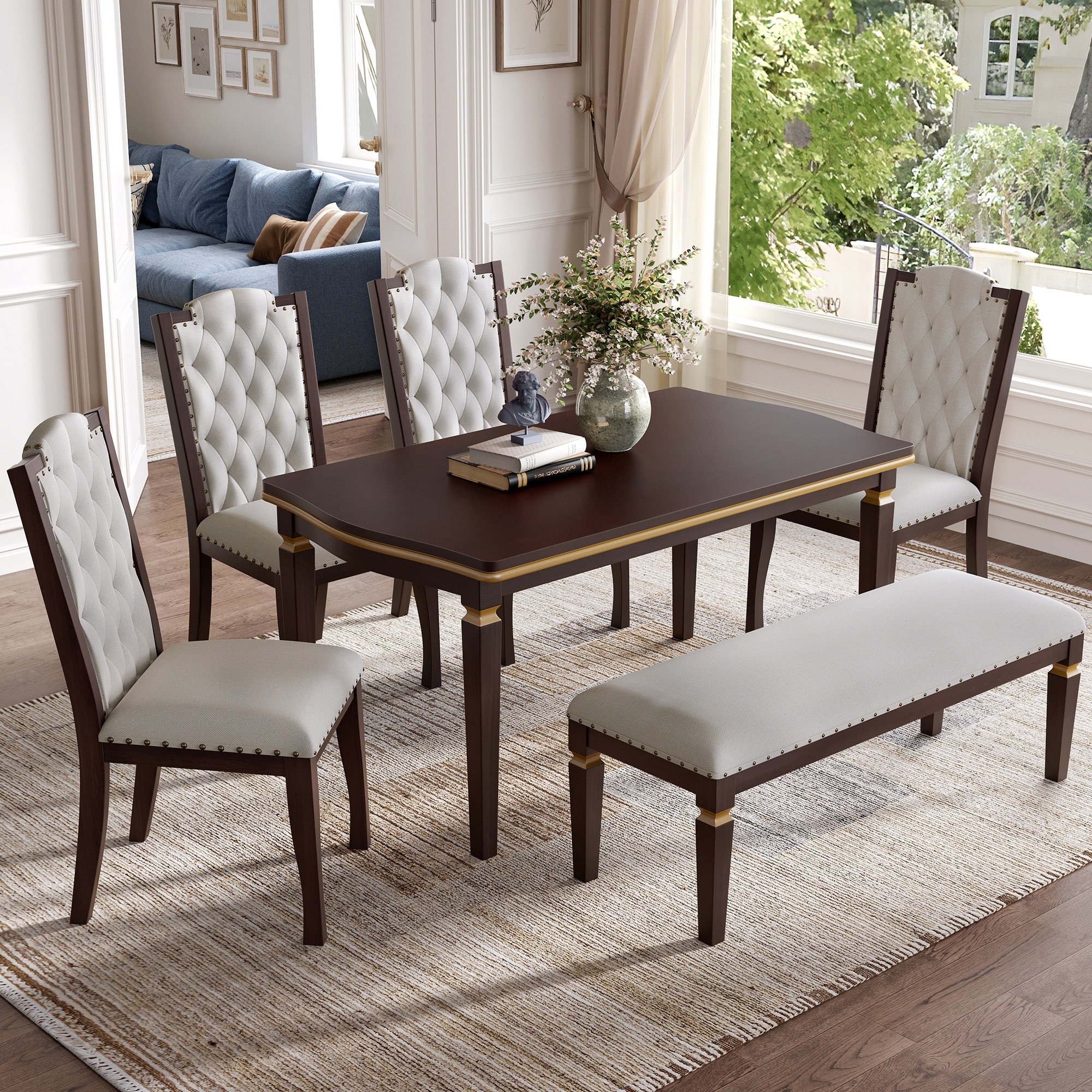 6-Piece Dining Table Set with Dining Chairs and Padded Seat Bench