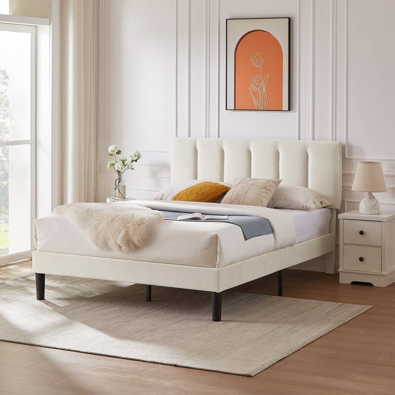 VECELO Beige Tufted Upholstered Platform Bed Frame with Adjustable Height Headboard-Twin/Full/Queen Size Beds