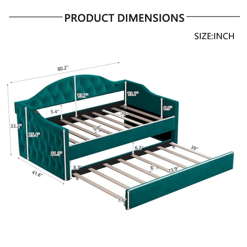 Tufted Upholstered Frame Daybed Velvet Sofa Bed with USB and Type-C Charging Ports, Twin Platform Low Profile Bed with Trundle