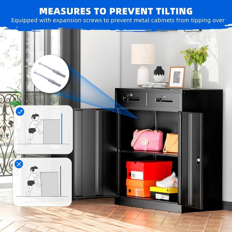 36" H Metal Locking Garage Storage Cabinet with 2 Drawers and Adjustable Shelves