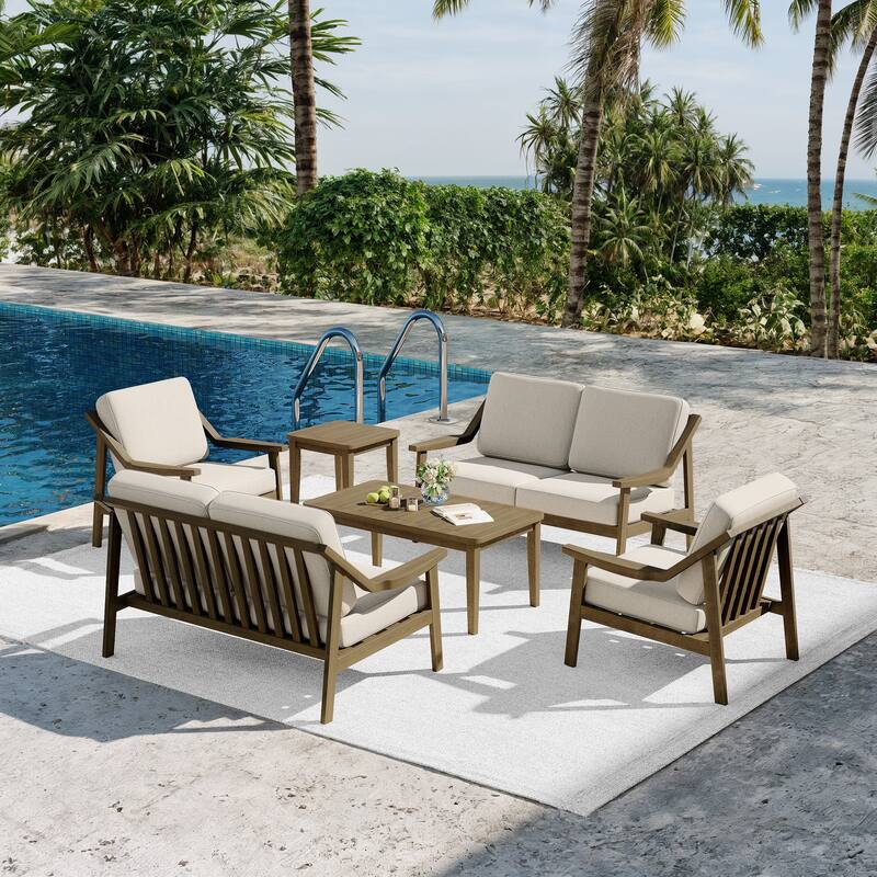 6-piece Adirondack Teak Patio Armchairs Loveseat Seating Conversation Set