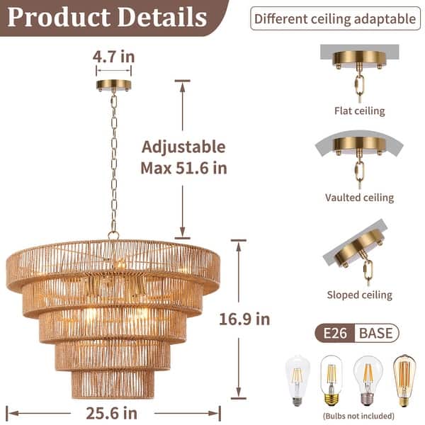 dimension image slide 1 of 2, Dimmable 8-Light Hand-Woven Rattan Tiered Chandelier