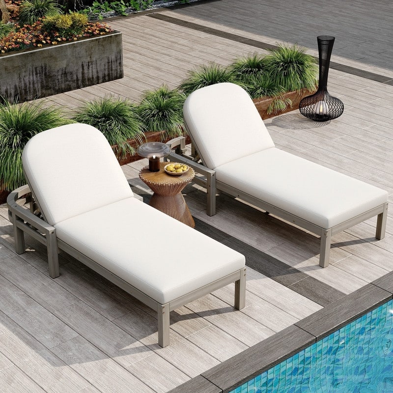 Outdoor Chaise Lounge Set of 2 Premium Acacia Wood Recliners with Adjustable Backrest and Cushions