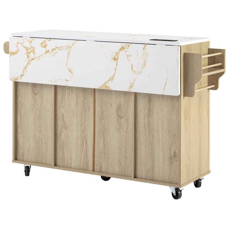 Fluted 55.5" Kitchen Island with Drop Leaf, Rolling Island Table with Drawers, Power Outlet for Functional Kitchen Organization