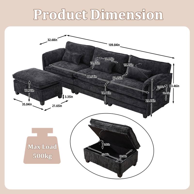 GALDWIN Chenille Upholstered L-shaped Modular Sectional Sleeper Sofa with Movable Storage Ottoman,USB&Type-C