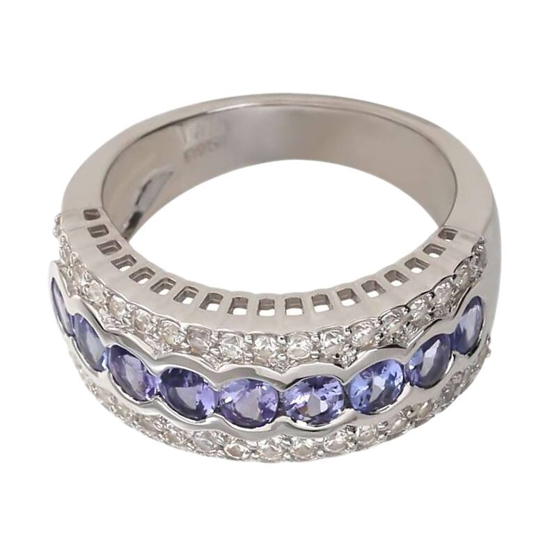 925 Sterling Silver Tanzanite And White Natural Zircon Band Ring