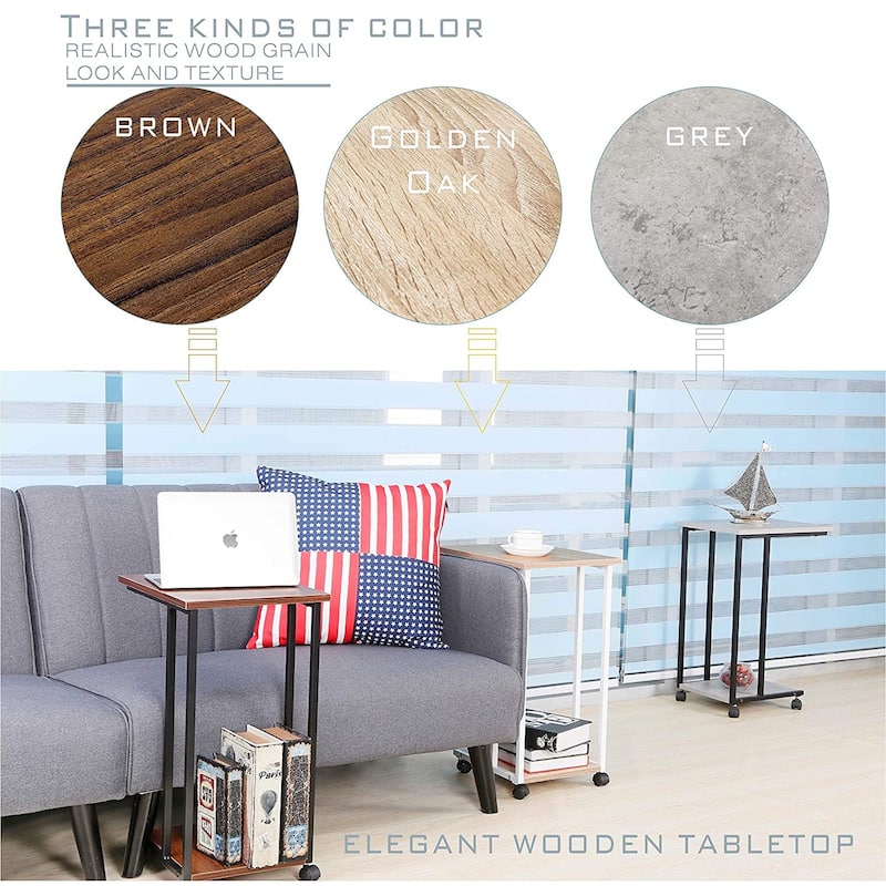 JJS Side End C Table for Sofa, Living Room Couch Table Snack Table That Slide Under for Small Spaces