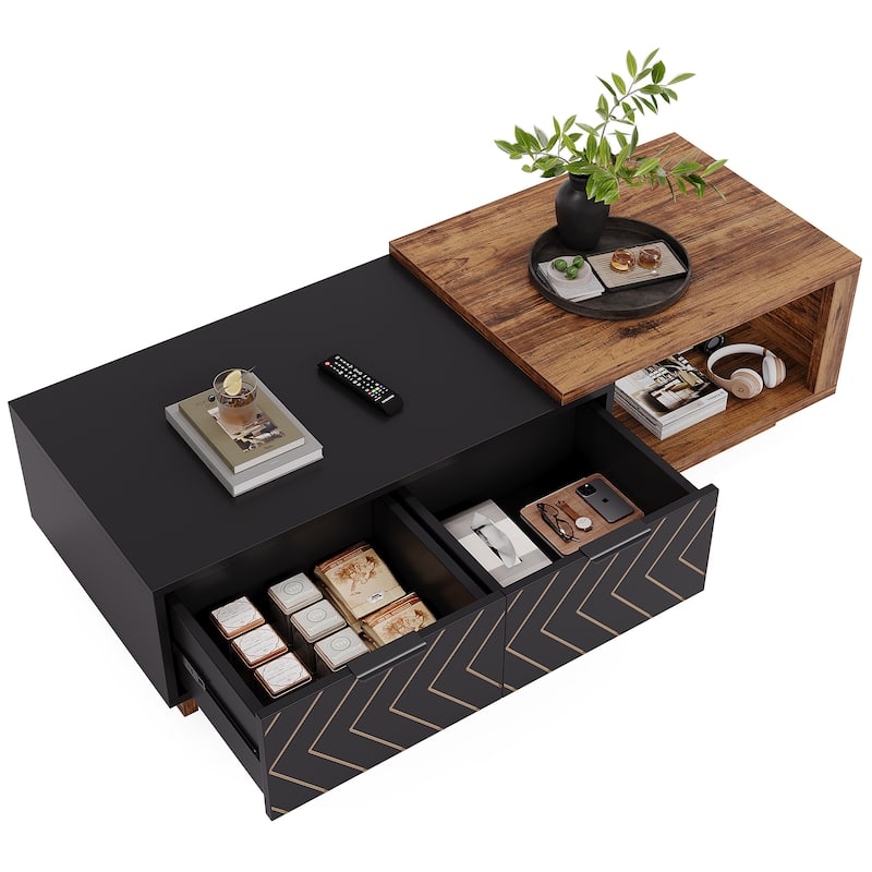Wood Extendable 2-drawer Coffee Table with Sliding Tabletop