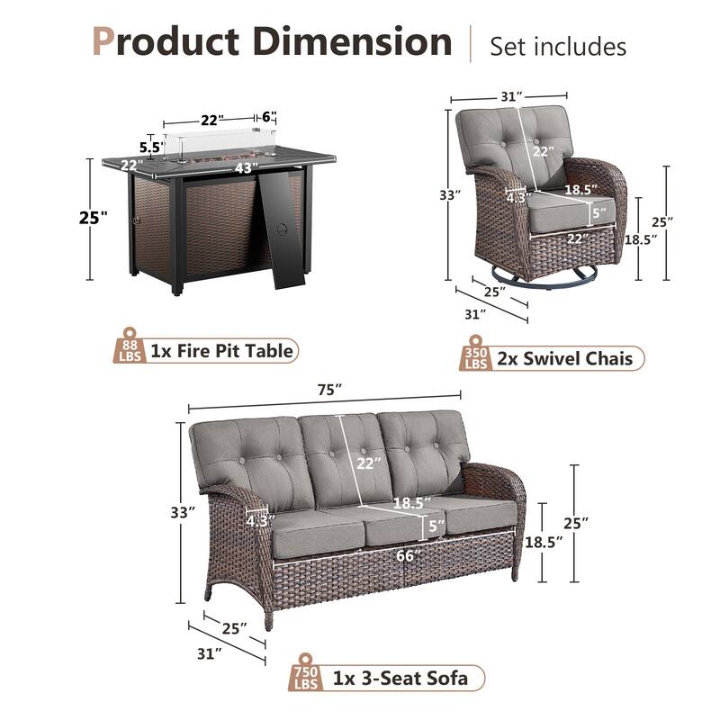 Pocassy Outdoor 43 In Fire Table with Sofa Patio Swivel Chair Set
