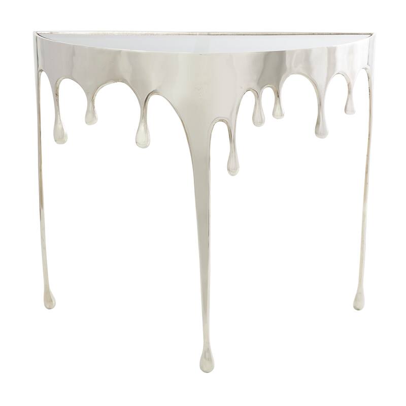 Aluminum Metal Abstract Drip Accent Table with Melting Design and Shaded Glass Top - Roche River Decor