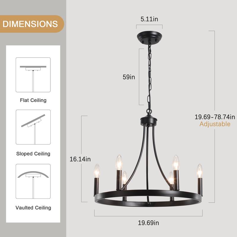 6-Light Farmhouse Candlestick Circle Hanging Wagon Wheel Chandelier Lighting for Kitchen Island