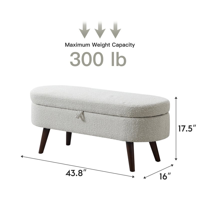 44" Beige Boucle Storage Ottoman Bench for Living Room Bedroom,Oval Storage Bench Ottoman Foot Rest Wood Legs