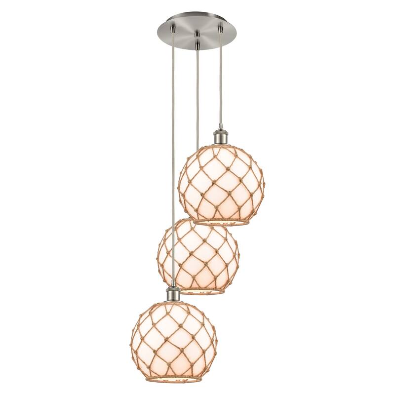 Innovations Lighting Endless Possibilities Ballston - Farmhouse Rope - 3 Light 17" Cord Hung Multi Pendant - Clear Glass with Brown Rope/Brushed Satin Nickel
