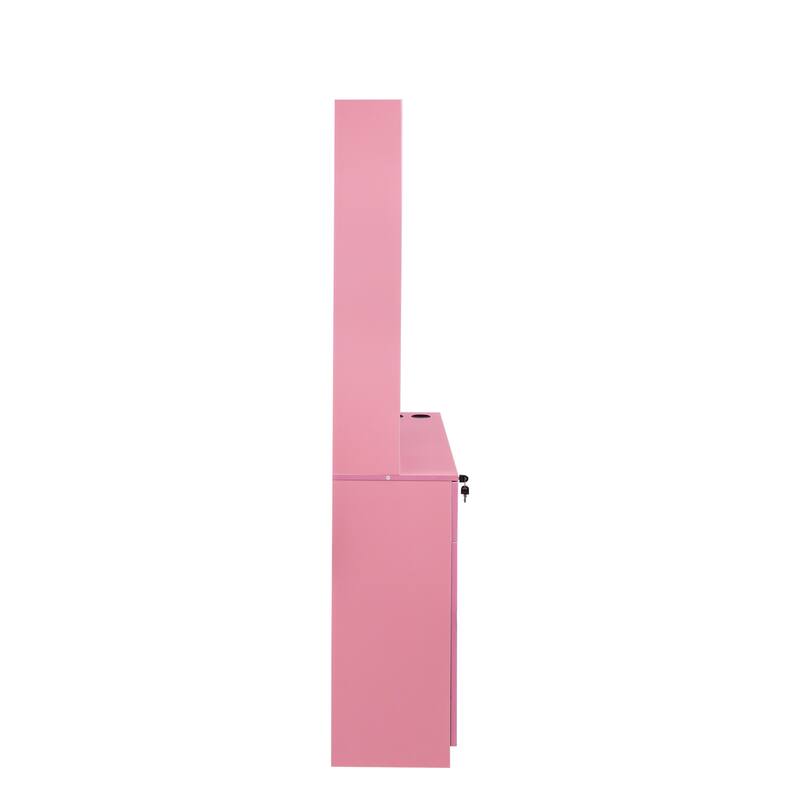 Salon Vanity with Mirror, Barber Beauty Spa Styling Station with Storage, Pink
