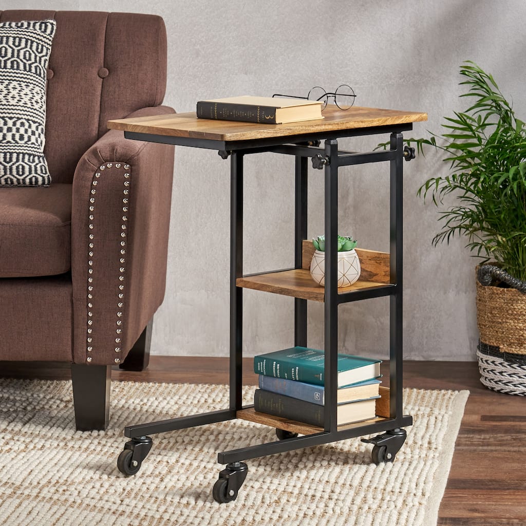 22" Modern C-shape End Table with Sleek Wood Top and Two Side Shelves for Living Room or Bedroom