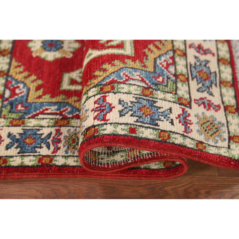 Red Kazak Foyer Rug Hand-Knotted Geometric Wool Carpet - 2'0" x 3'2"