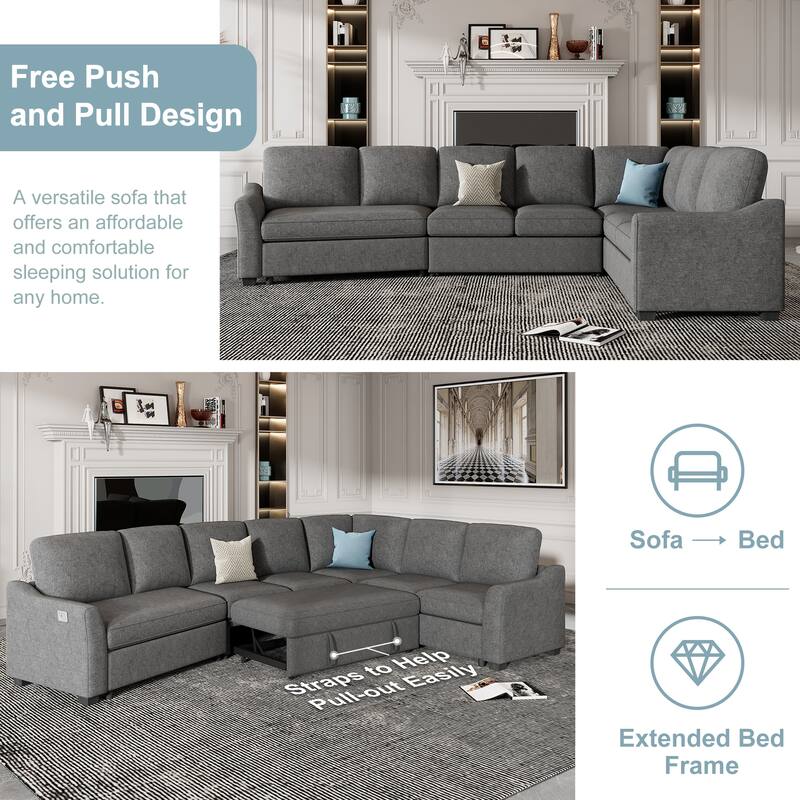 Gray Chenille Sectional Sleeper Sofa with USB Charging Ports, Pull-Out Bed