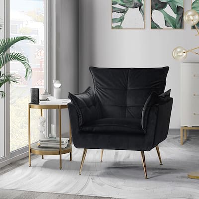 1ida Modern Velvet Armchair with Tufted Padded Cushions and Golden Metal Legs by HULALA HOME