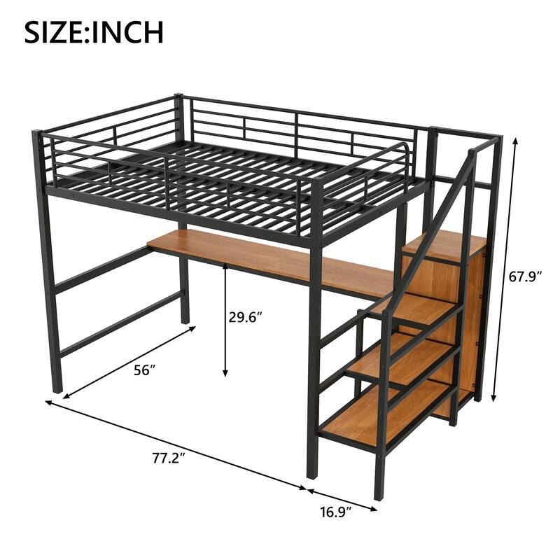 Full Size Metal Loft Bed with Desk, Storage Staircase, Small Wardrobe, and LED Light