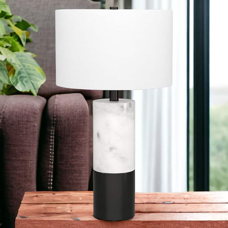 Stylish Black and White Marble Cylinder Table Lamp with Drum Shade - 13" x 13" x 23.75"