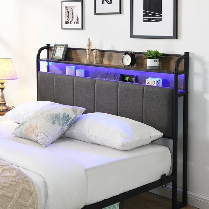 Modern Platform Bed with Storage Headboard and Charging Station