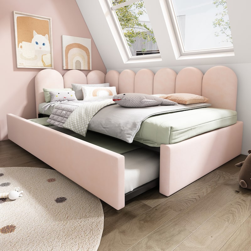 Twin Size Upholstered Daybed with Pull-Out Bed, Velvet Pink Sofa Bed for Adults and Kids, Metal Slatted Frame