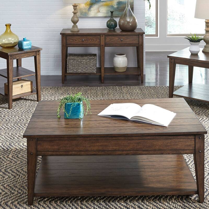 Lake House Rustic Brown Oak Tiered Table - W48 x D18 x H29