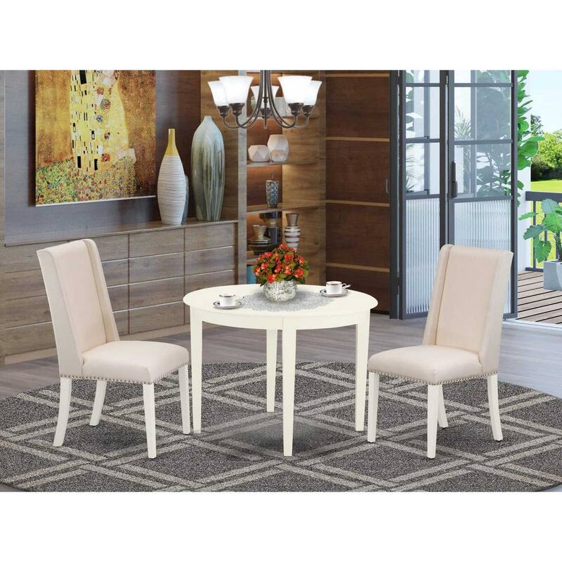 HomeStock 3-Piece Linen White Finish Round Solid Wood Top Dining Table Set