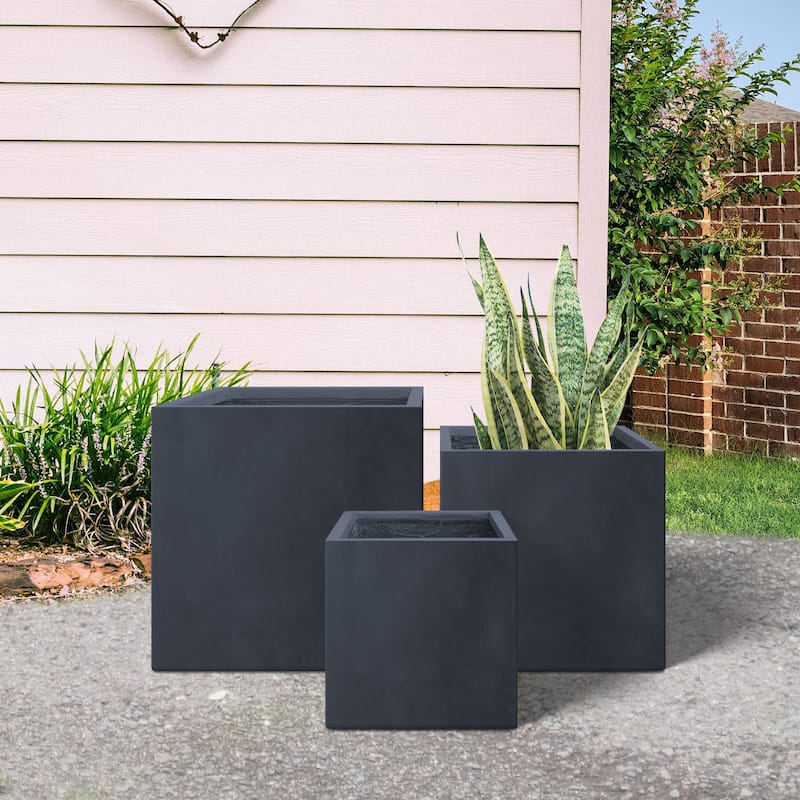 Durx-litecrete Lightweight Concrete Modern Square Granite Planter-Set of 3 :9.8'x9.8'x'9.8,11.8'x11.8'x11.8',15.7'x15.7'x15.7'