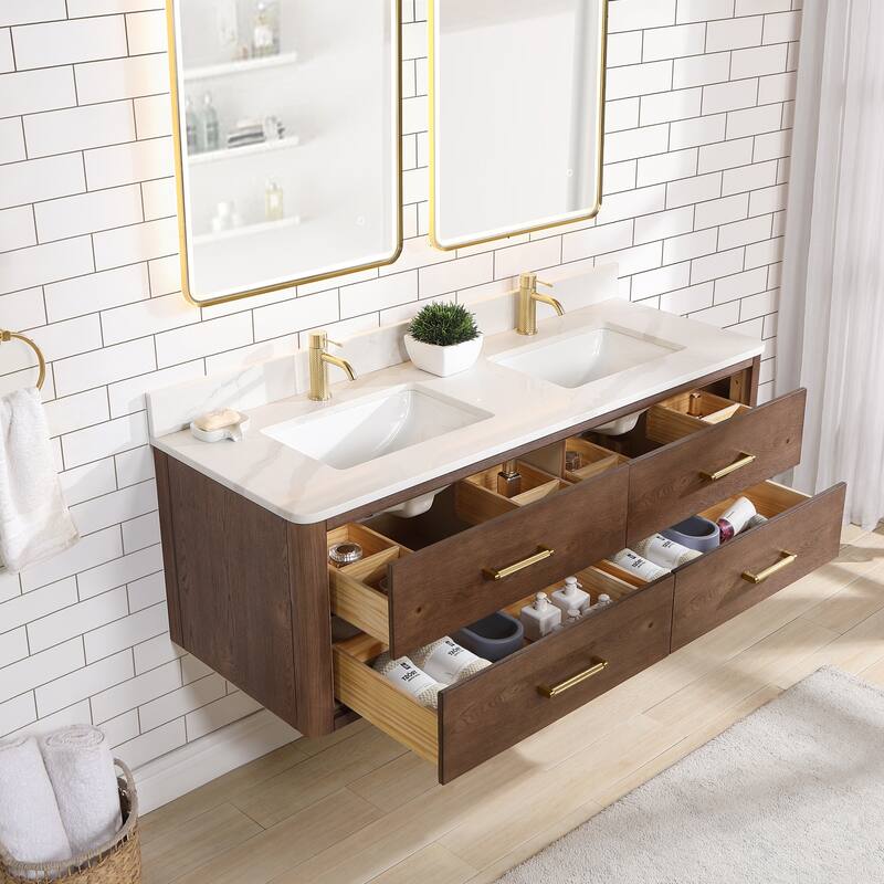 Cristo Floating Bath Vanity with White Quartz Stone Top without Mirror