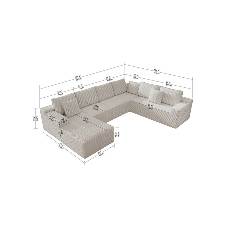 Roomfitters 131.9" Modular Sectional Sofa, 4-Piece Compressed Cloud Couch, No Assembly Required, Plush Corduroy, White