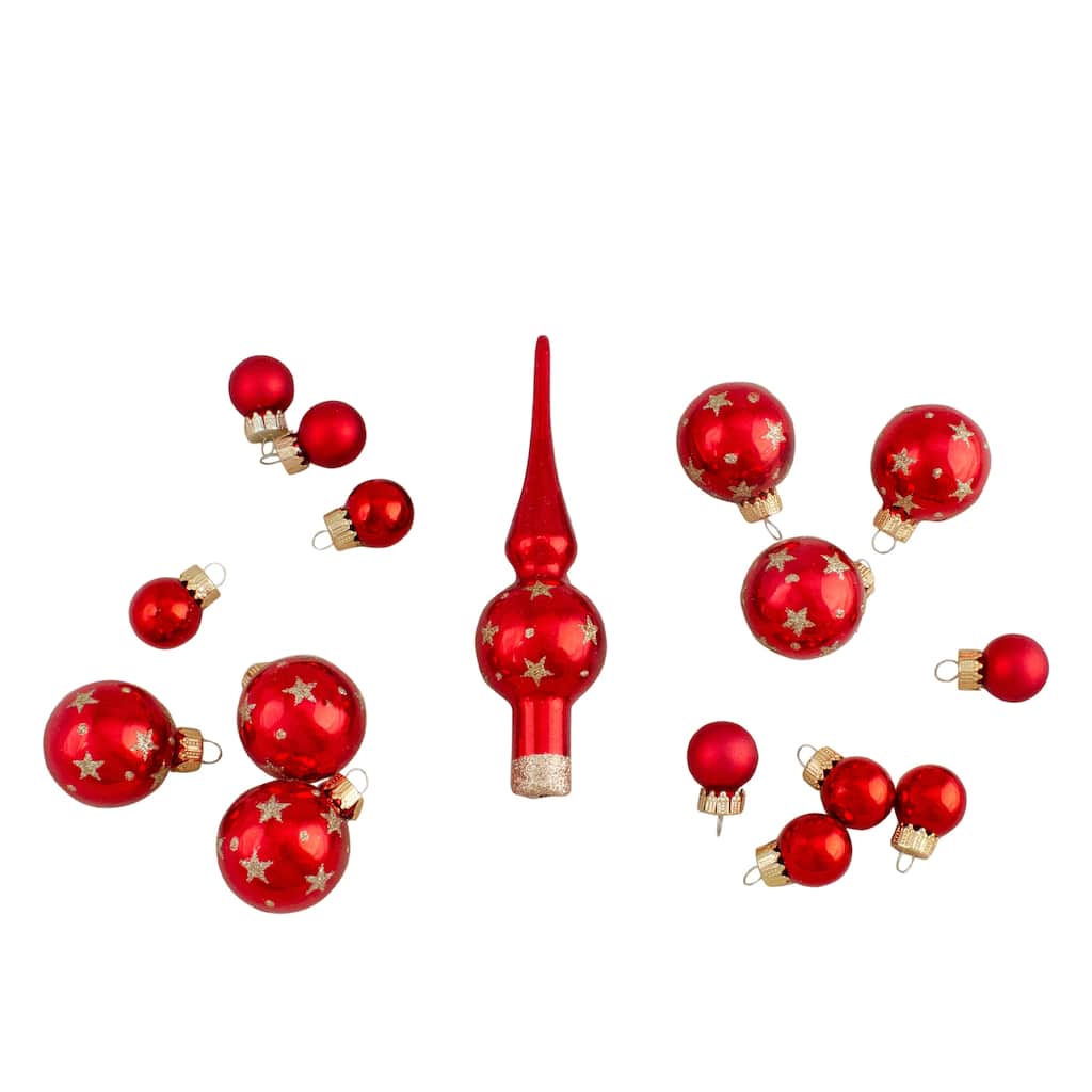 Set of 16 Assorted Sizes Red Glass Hanging Christmas Decorations