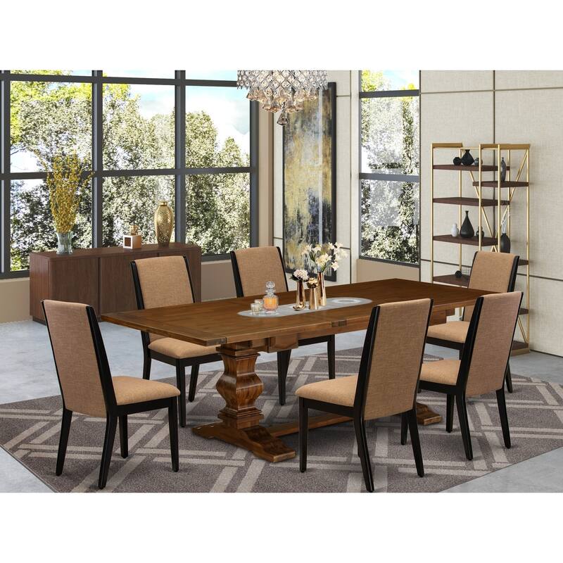 7-Piece Kitchen Dining Set - Rectangular Table & Parsons Chairs - Antique Walnut & Black Finish - 92