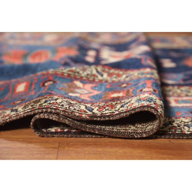 Hand Knotted Oriental 100% Wool Carpet Traditional Floral Navy Blue & Blues Heriz Runner Rug - 14' 9'' X 3' 9''