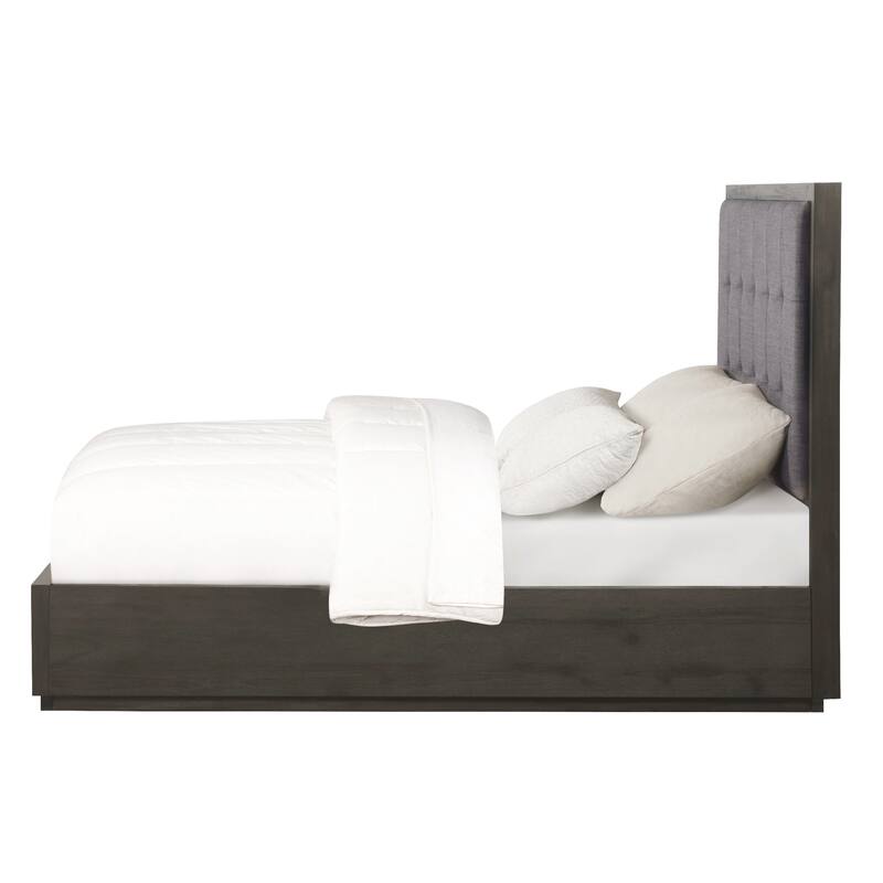 Jose Acacia Wood Tufted Platform Queen Bed with Storage, Dark Heather Gray