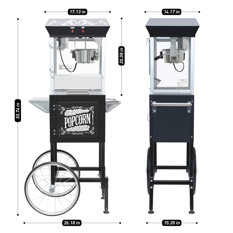 Popcorn Machine with Cart - 8oz Popper with Stainless-steel Kettle, Heated Warming Deck, and Old Maids Drawer