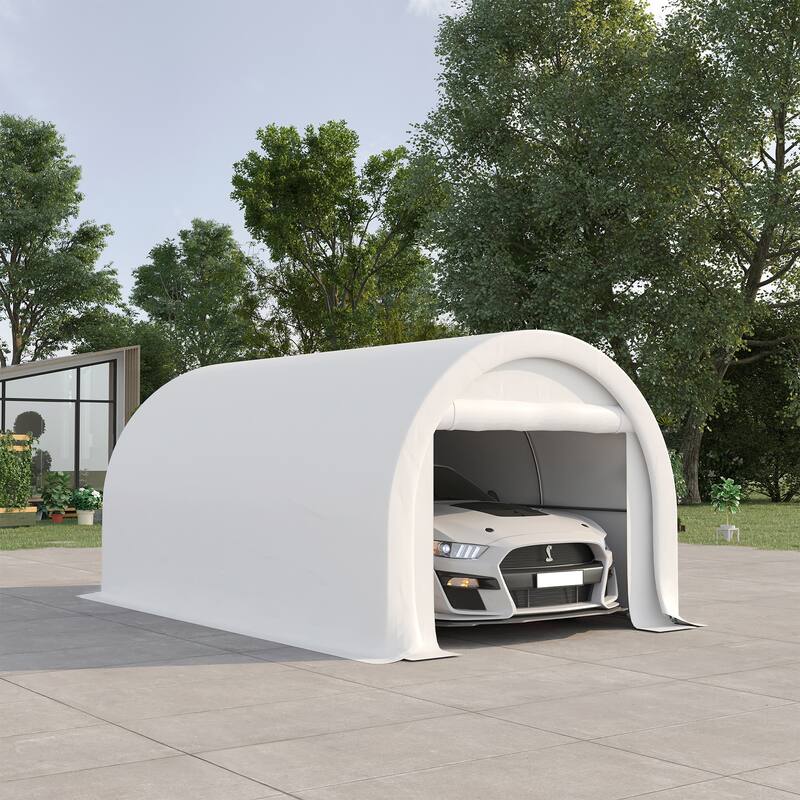 Outsunny 16' x 10' Carport, Heavy Duty Portable Garage / Storage Tent with Large Zippered Door, Anti-UV PE Canopy Cover - White