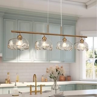 Modern 4-Light Gold Chandeliers Linear Textured Glass Island Lights for Dining Room - W44.5" x H68.2" Max