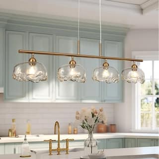 Modern Gold 4-Light Linear Chandelier Textured Glass Light for Kitchen Island Dining Room - W44.5" x H68.2" Max