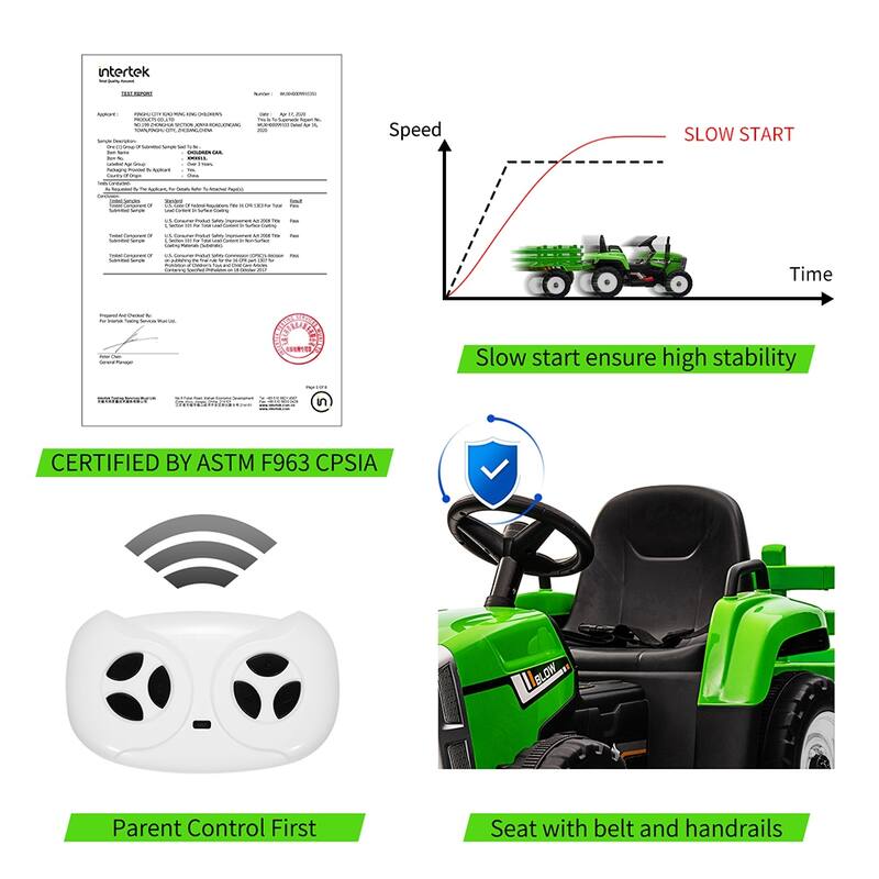 12V Kids Electric Tractor w/Remote Control Treaded Tires,Battery Powered Ride On Tractor with Trailer & 2+1-Gear-Shift