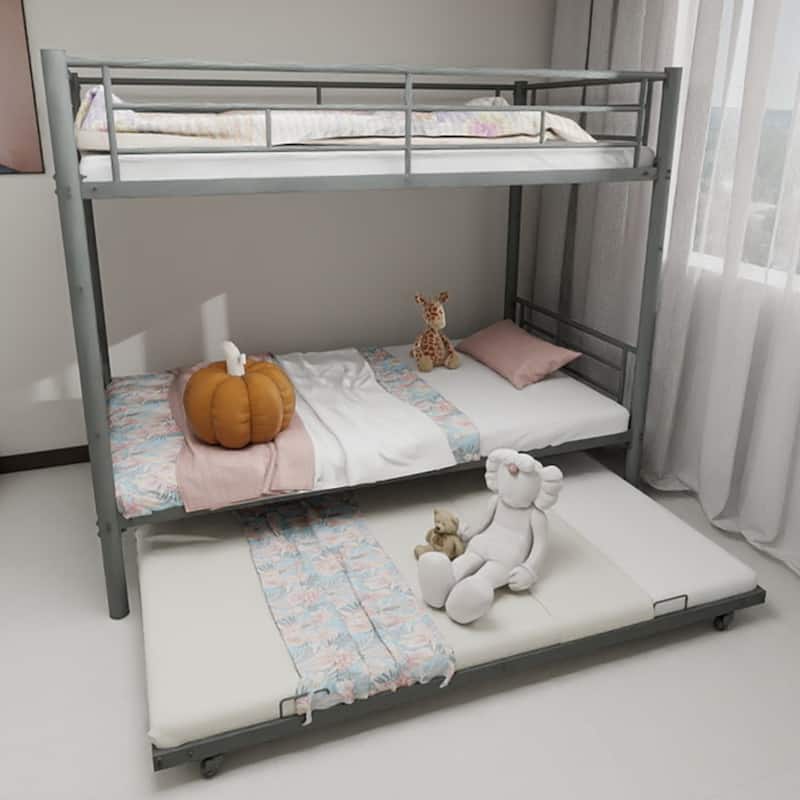 Heavy-Duty Sturdy Meta Twin Over Twin Bunk Bed/L/ Noise Reduced/ Safety Guardrail/No Box Spring Needed - Silver