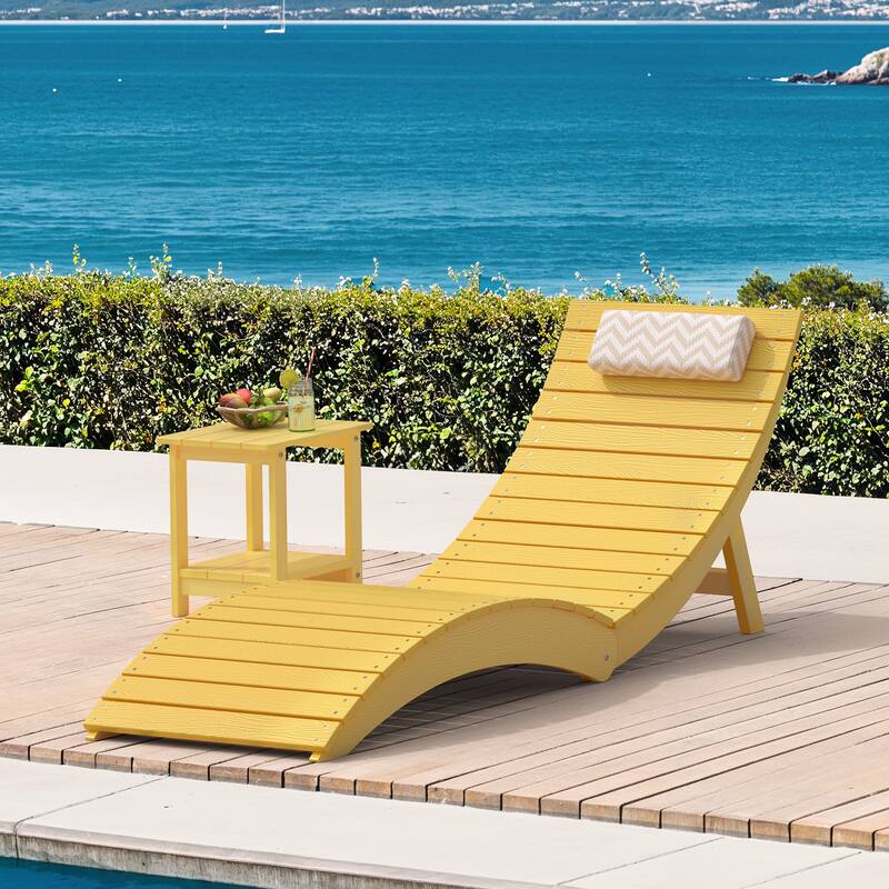 Folding HDPS Plastic Outdoor Pool Chaise Lounges Lounge Chair Outdoor with Headrest Cushions - Yellow/Single