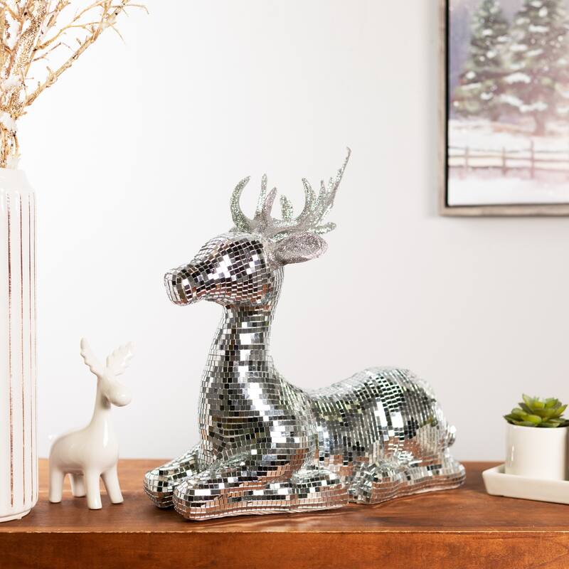 Mirrored and Glittered Sitting Deer Christmas Figure - 14.25" - Silver
