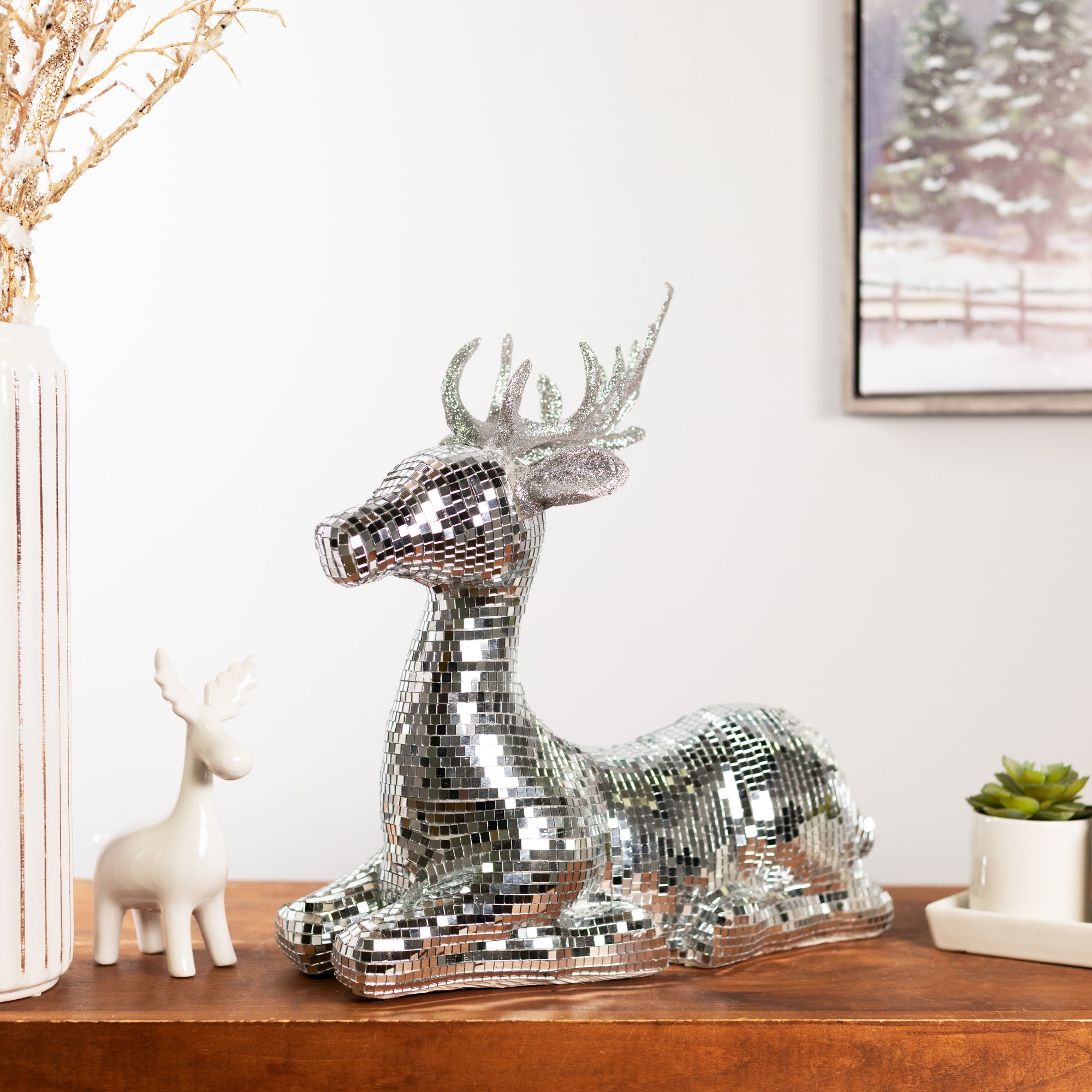 Mirrored and Glittered Sitting Deer Christmas Figure - 14.25" - Silver