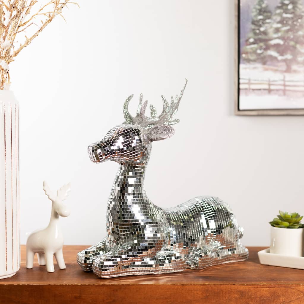 Mirrored and Glittered Sitting Deer Christmas Figure - 14.25" - Silver