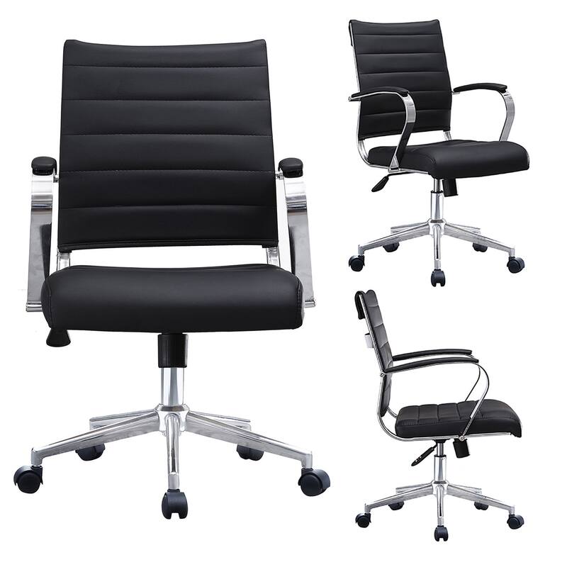 Modern Office Chair, Executive Mid-Back Conference Room Chair in PU Leather with Wheels and Arms - Black