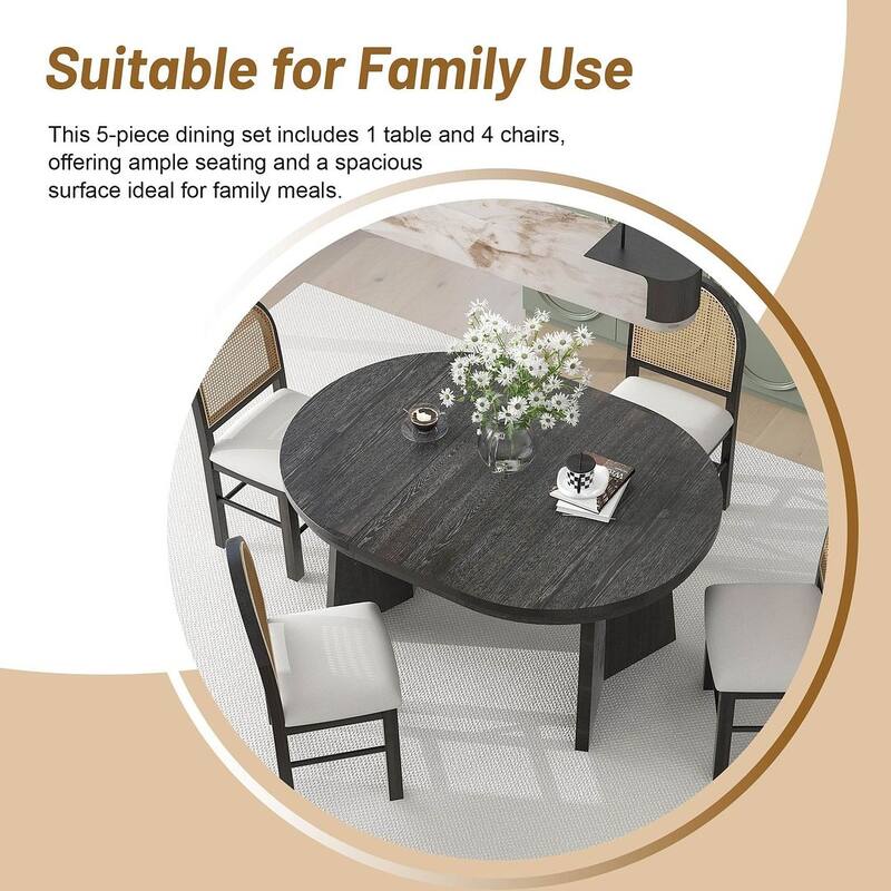 5 PCS Retro Functional Extendable Dining Set for 4 with 4 Upholstered Chairs with Rattan Backrests