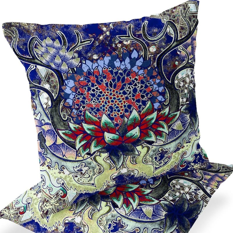 HomeRoots Set of Two 16" X 16" Blue and Green Blown Seam Floral Indoor Outdoor Throw Pillow - 16.00' X '16.00' X '5.00