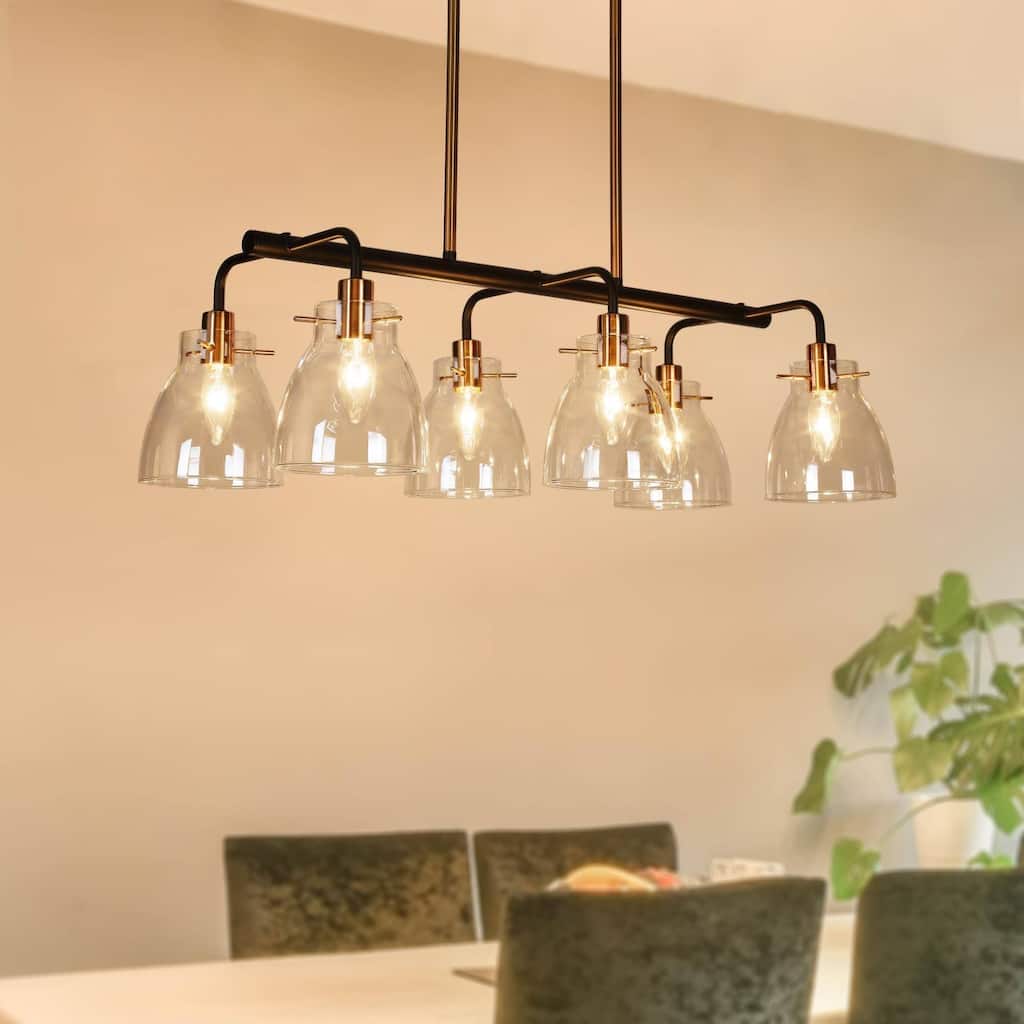 Carrall Modern 6-Light Black Gold Linear Chandelier Glass Pendant Light for Dining Room