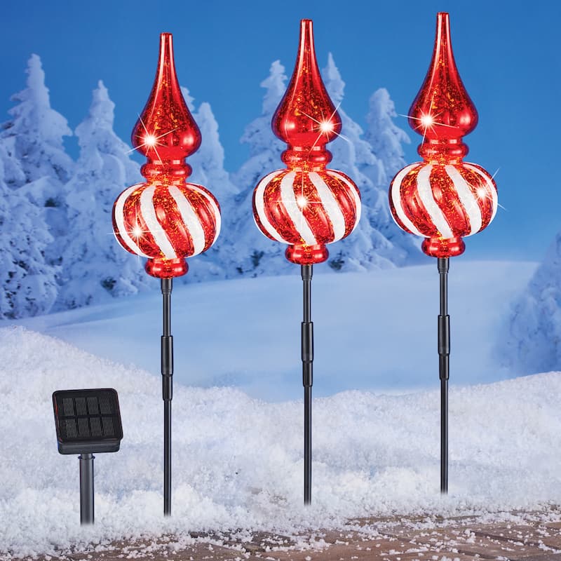 Solar Powered Finial Holiday Stakes - Set of 3 - 36 x 19.25 x 4.25 - Red - 36 x 19.25 x 4.25 - Plastic
